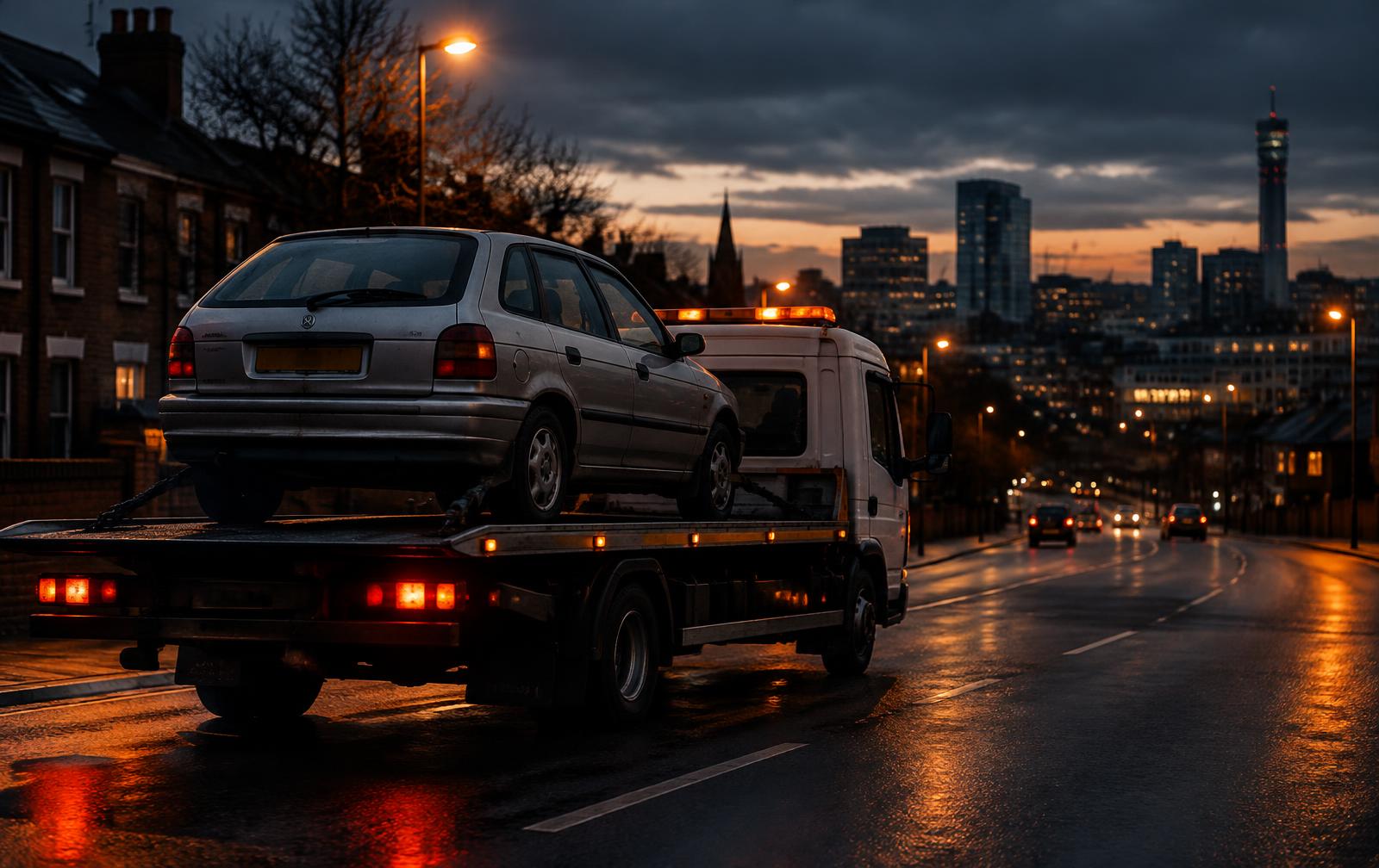 Illustrative image of a recovery truck carrying an old car in Birmingham